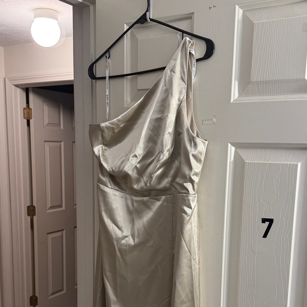 Birdy Grey One Shoulder Bridesmaid Dress in Shiny Neutral Champagne